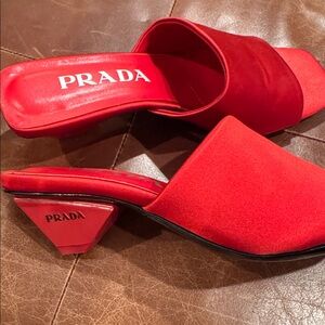 Prada Red Satin Mules with angular branded low heel